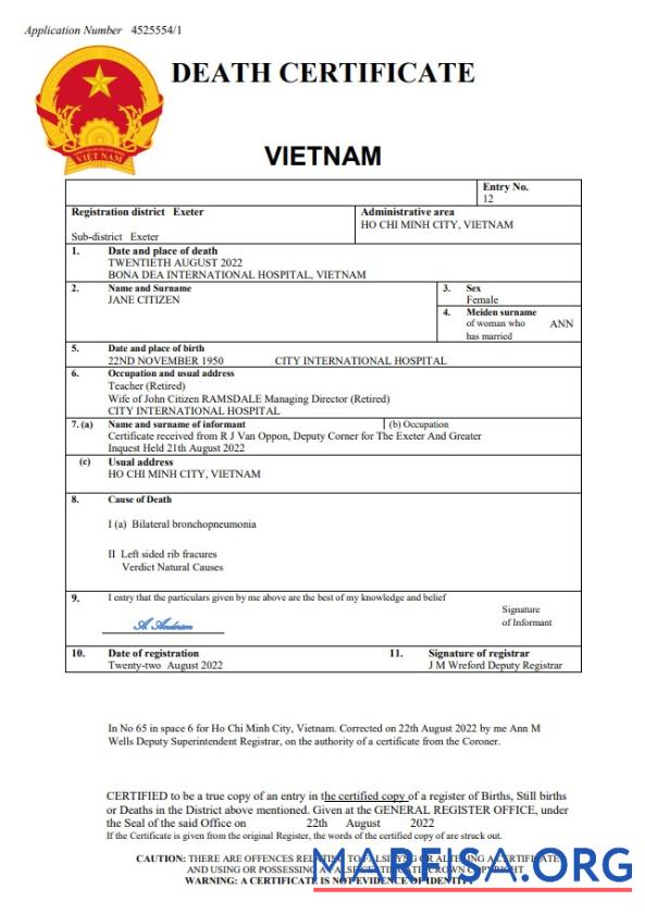 Blank Vietnam vital record death certificate Word and PDF template